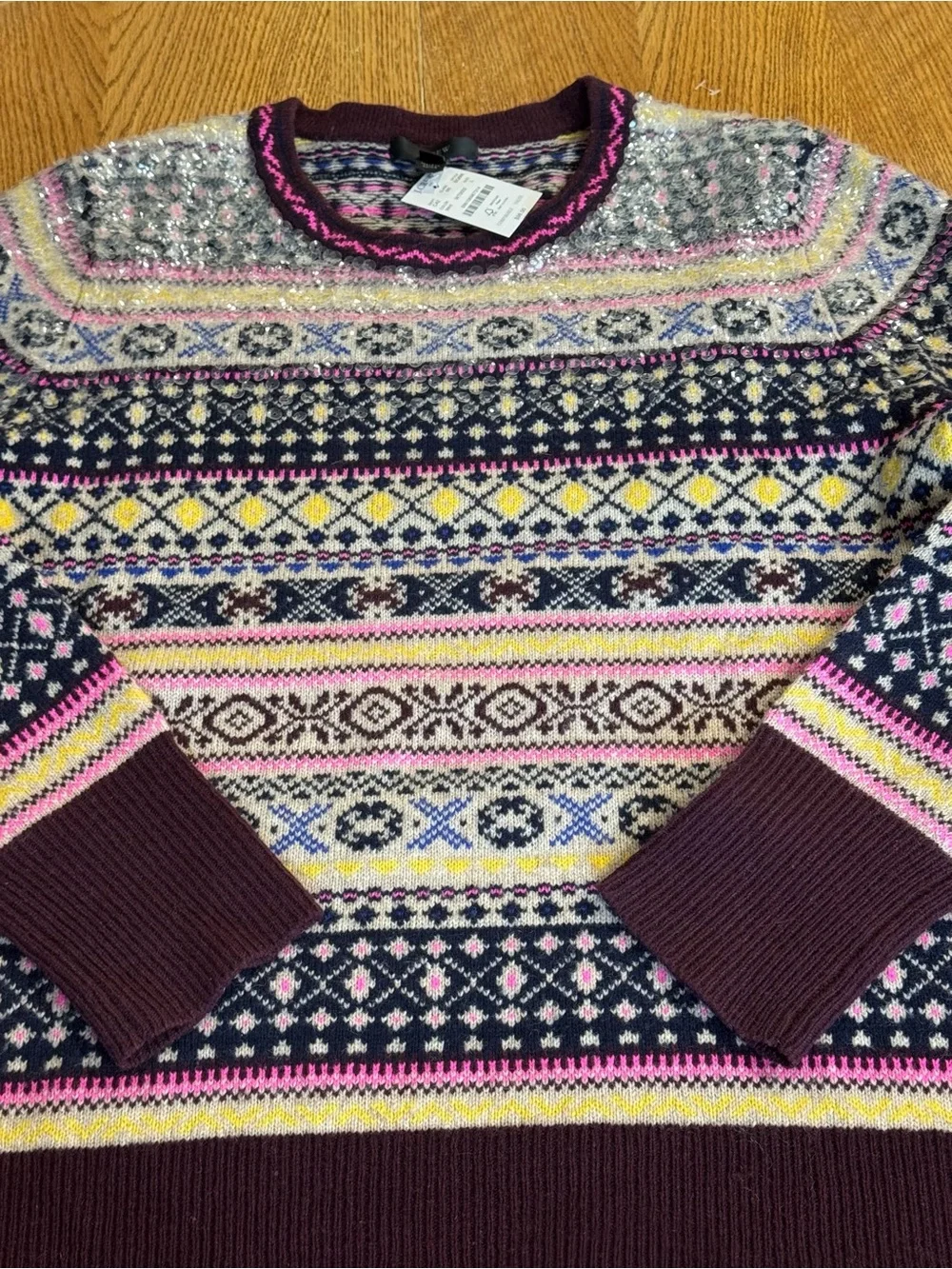 J. Crew Fair Isle Crewneck Sweater in Burgundy, Pink and Yellow